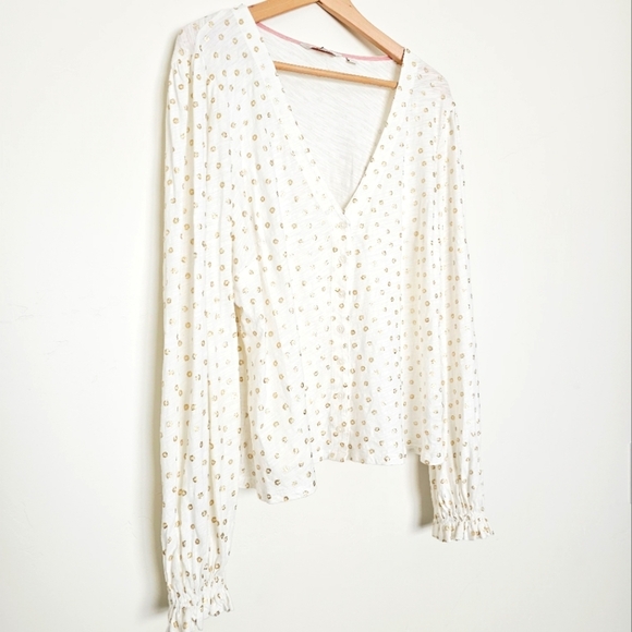 Boden Metallic Gold Flower Print V-Neck Long Sleeves Women's Blouse Size 16/18 - Picture 3 of 8